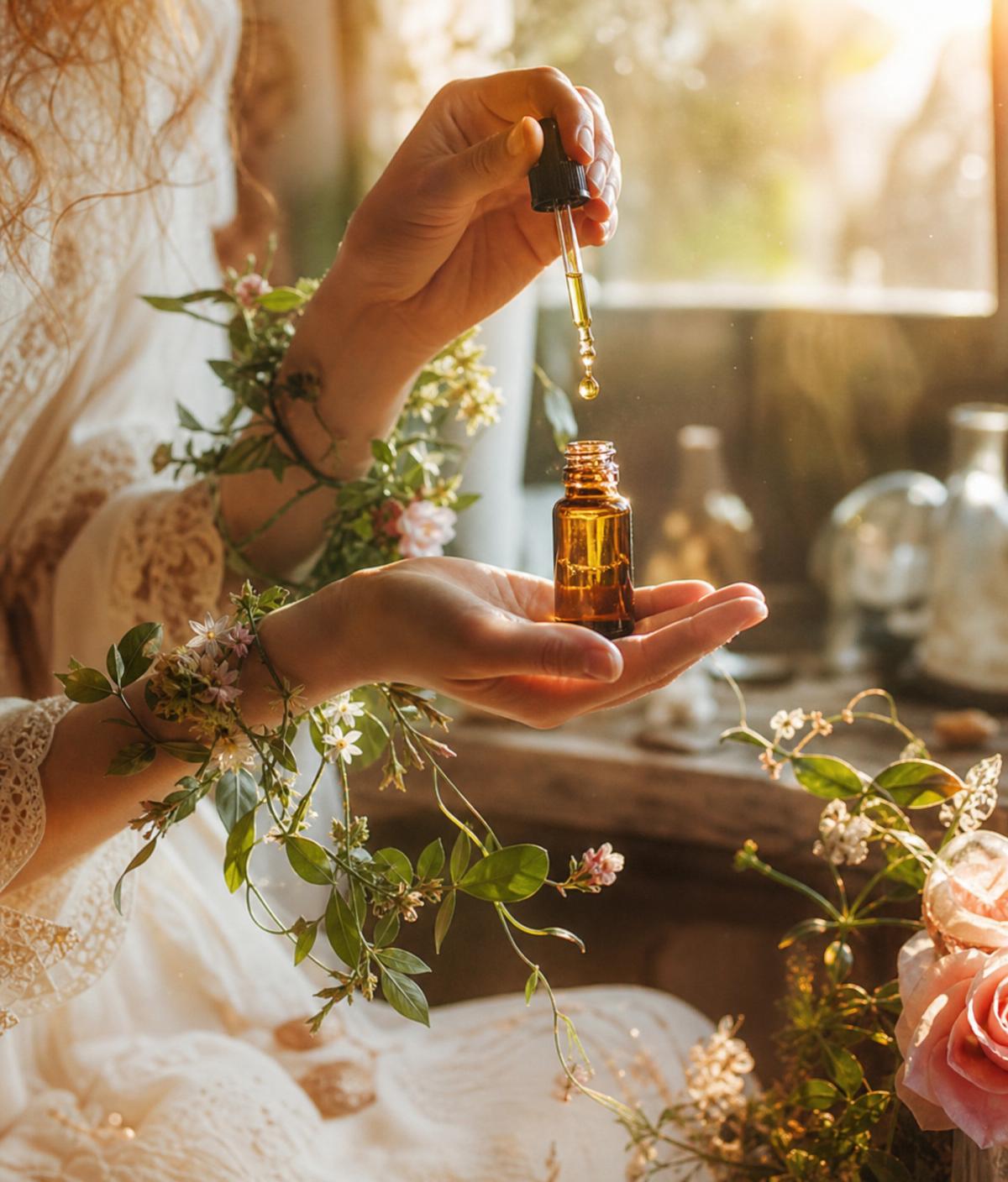 Hands holding a small amber dropper bottle in warm window light
