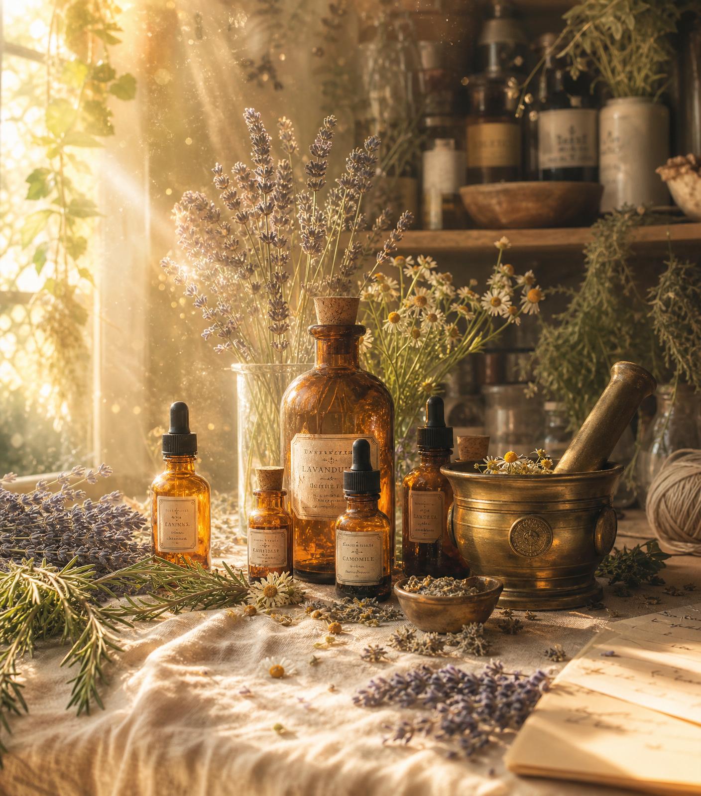 Amber bottles, dried lavender and a mortar on a linen cloth